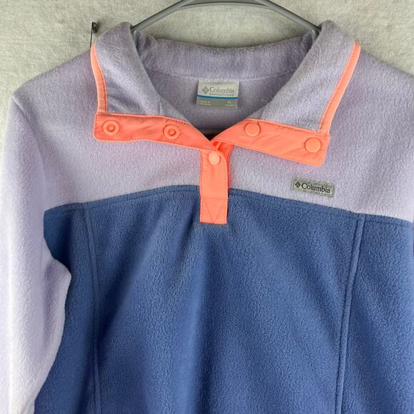 Columbia Girls XL Color Block Pullover Purple Coral 1/4 Button Snap Fleece Warm - Picture 2 of 6